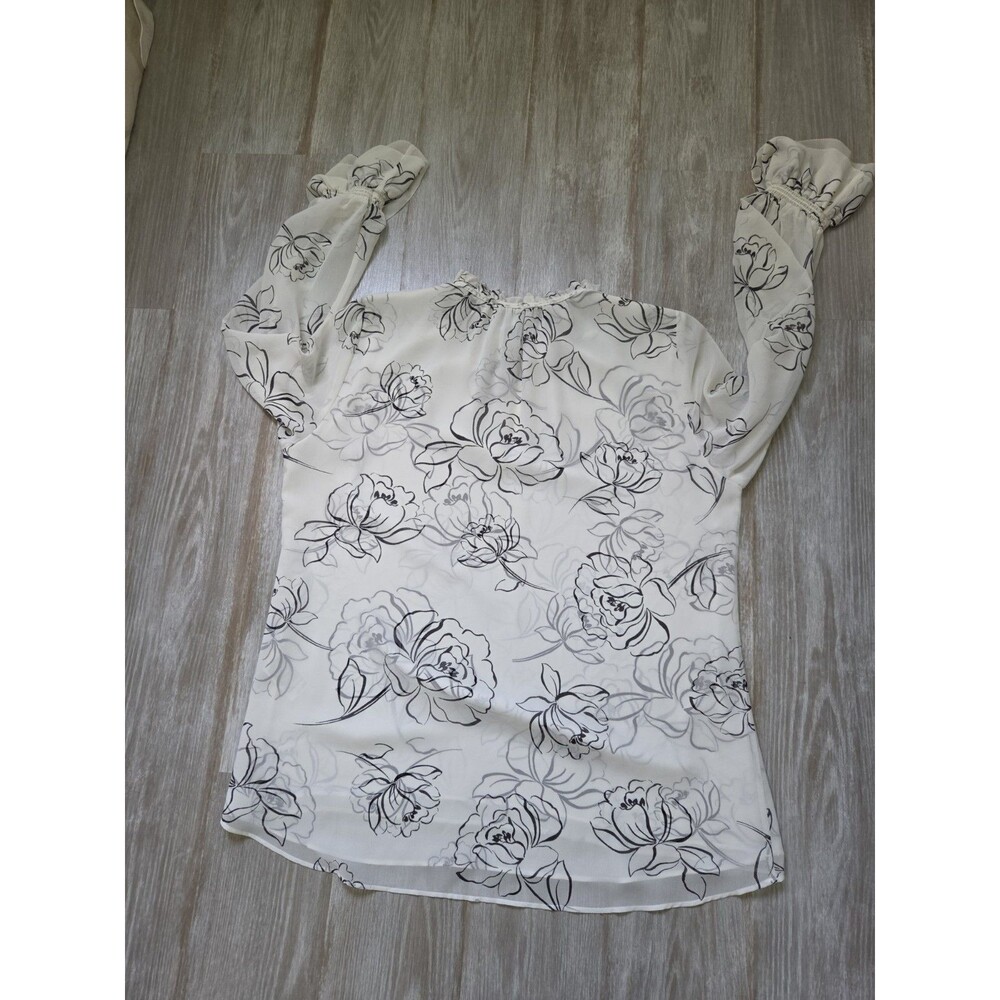 White House Black Market Floral Ruffle Neck Blouse Ivory Black Long Sleeve Sz 14 - Picture 9 of 9